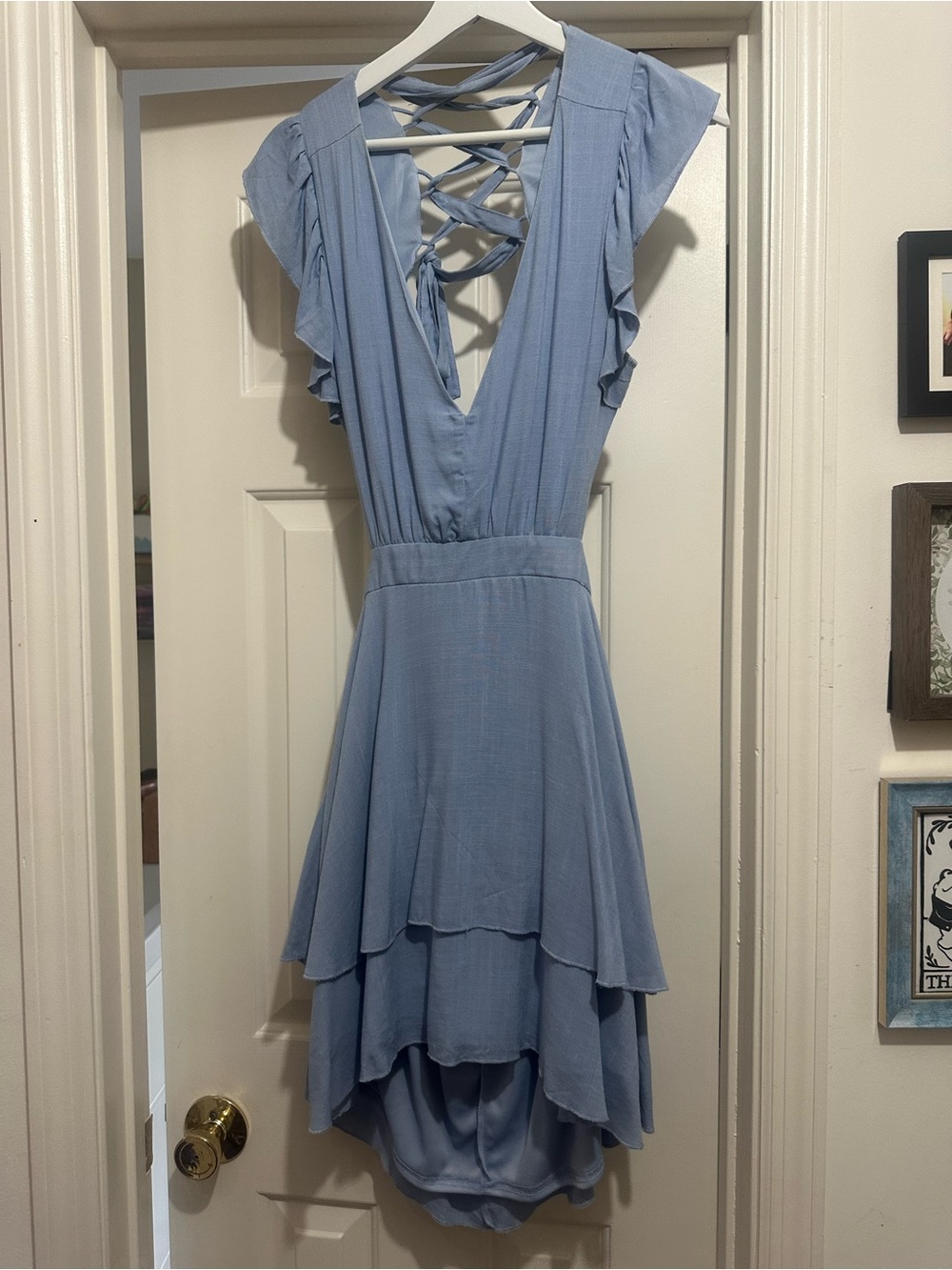 Altar'd State Light Blue High-Low Tiered V-Neck Dress with Lace-Up Back